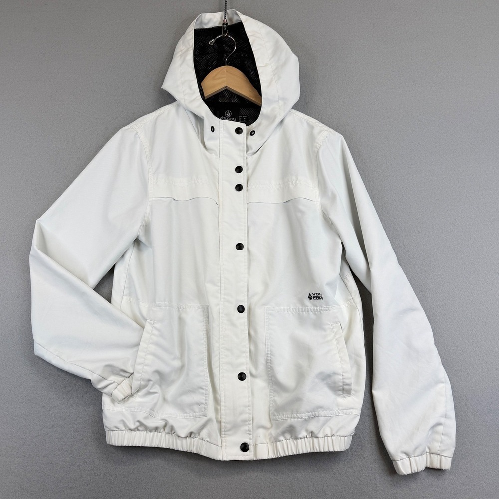 Volcom Jacket Women M (8) White Hooded Windbreaker Water Resistant 1000mm